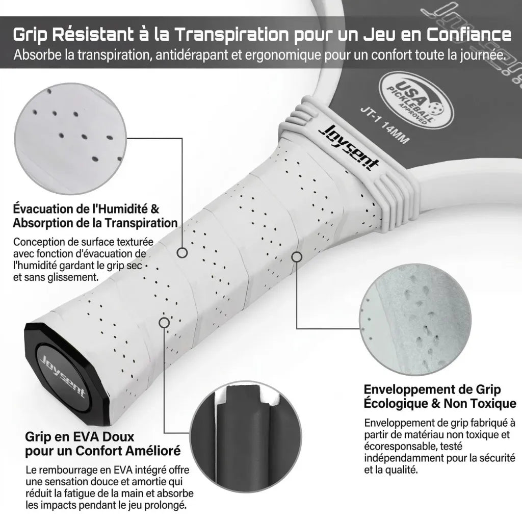 Zoom sur le grip de la raquette Joysent : revêtement en EVA doux, évacuation de l'humidité et absorption de la transpiration pour un confort antidérapant et écologique.
