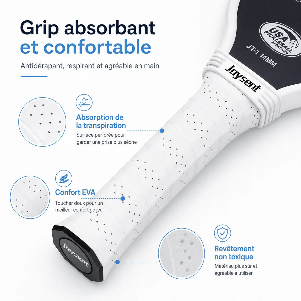 Zoom sur le grip de la raquette Joysent : revêtement en EVA doux, évacuation de l'humidité et absorption de la transpiration pour un confort antidérapant et écologique.