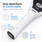 Zoom sur le grip de la raquette Joysent : revêtement en EVA doux, évacuation de l'humidité et absorption de la transpiration pour un confort antidérapant et écologique.