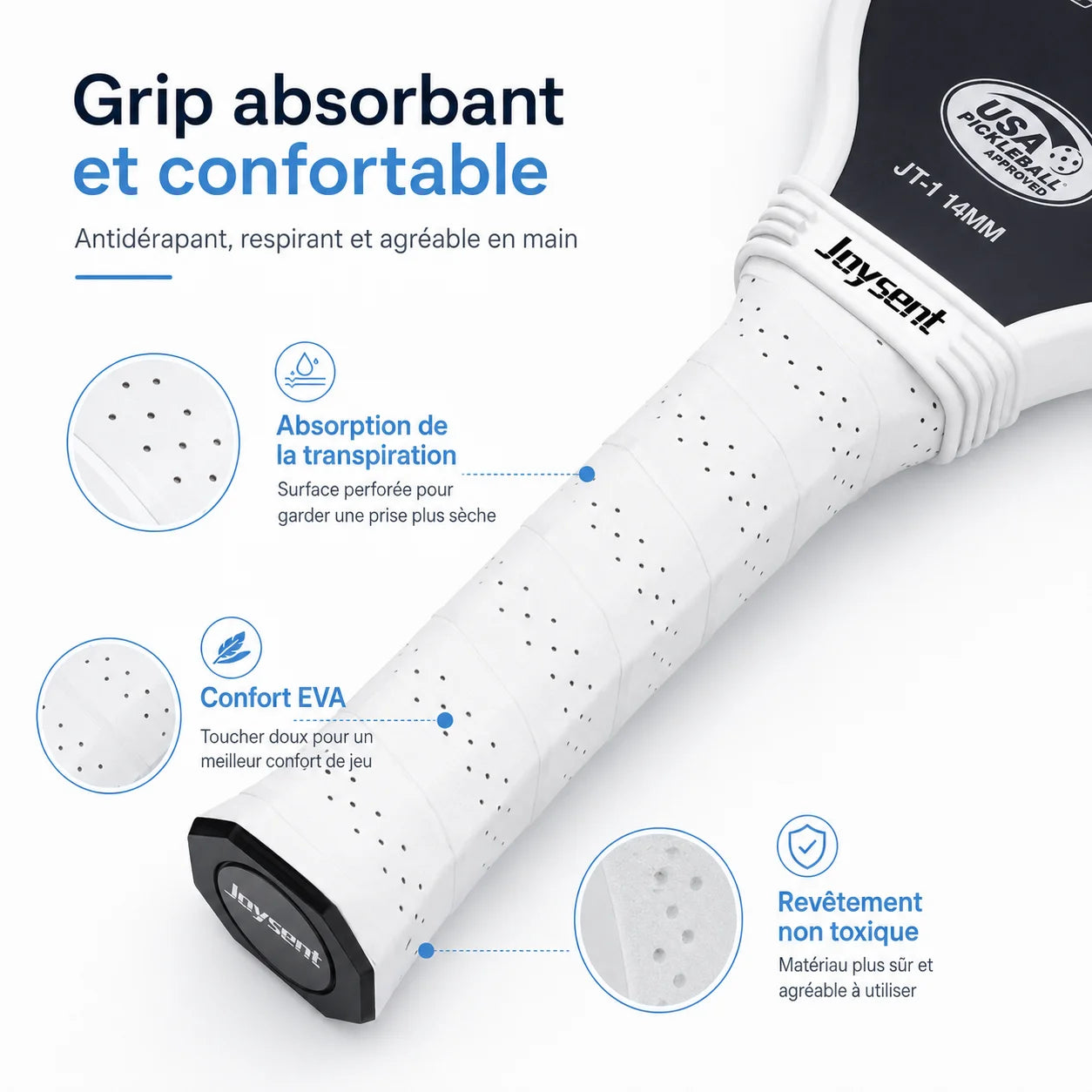 Zoom sur le grip de la raquette Joysent : revêtement en EVA doux, évacuation de l'humidité et absorption de la transpiration pour un confort antidérapant et écologique.
