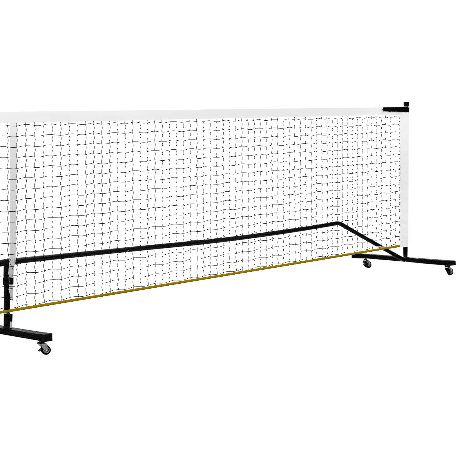 Gros plan sur une roue pivotante à 360 degrés en polyuréthane rouge avec son système de freinage en métal pour le filet de pickleball portable.