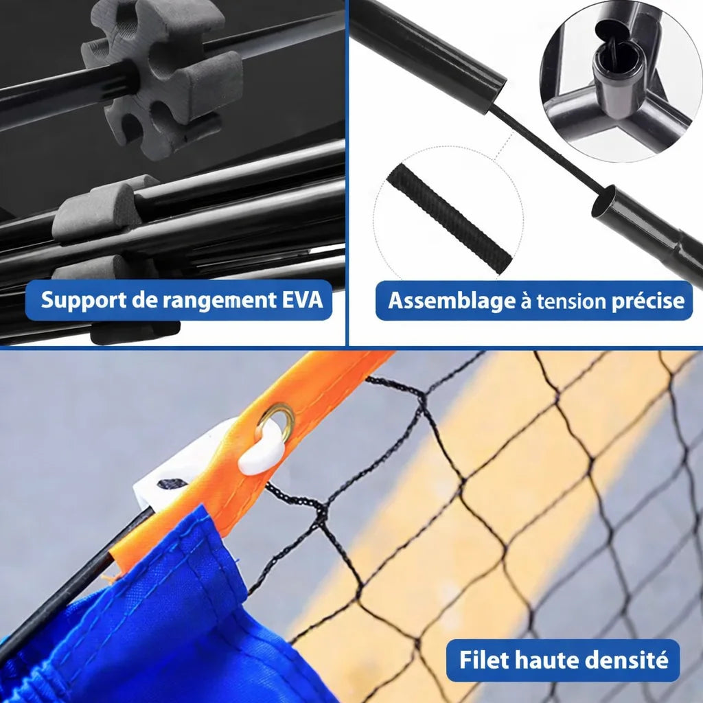 Détails du filet de pickleball : supports de rangement en mousse EVA, système d'assemblage des tubes en acier et zoom sur les mailles haute densité.