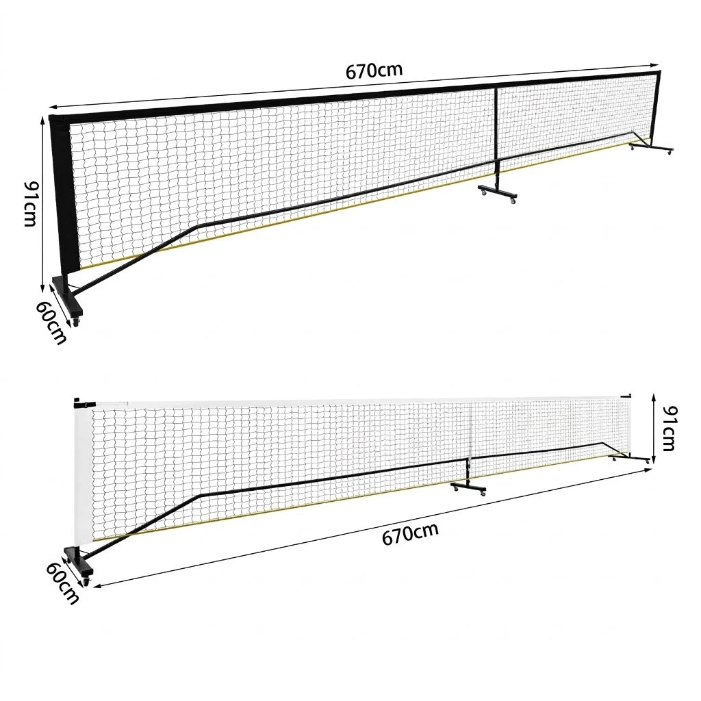 Schéma technique du filet de pickleball portable indiquant les dimensions : longueur 670 cm, hauteur aux poteaux 91 cm et largeur de base 60 cm.