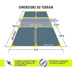 Schéma explicatif des dimensions d'un terrain de pickleball en mètres avec marquages au sol, filet, zone sans volée et lignes de fond.