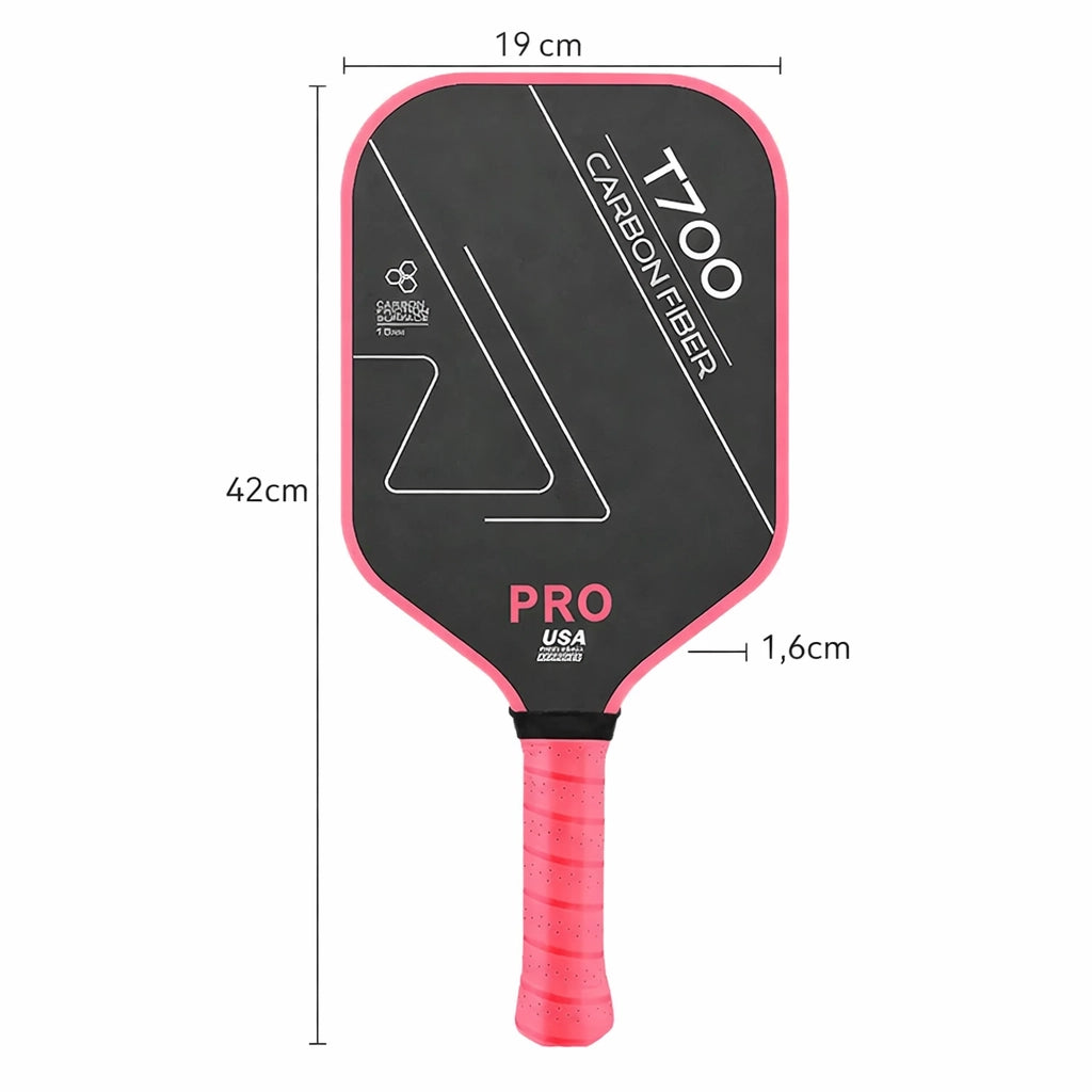 Schéma des dimensions de la raquette T700 PRO rouge : longueur 42 cm, largeur 19 cm et épaisseur de tranche 1,6 cm.