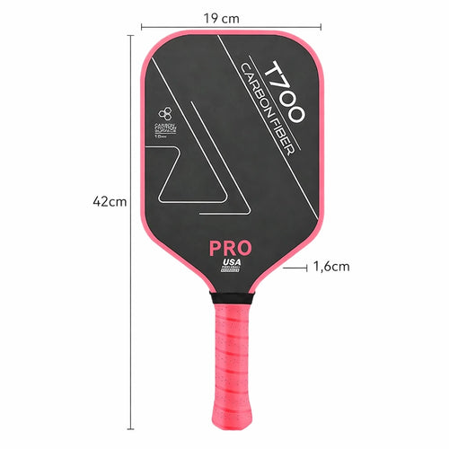 Schéma des dimensions de la raquette T700 PRO rouge : longueur 42 cm, largeur 19 cm et épaisseur de tranche 1,6 cm.