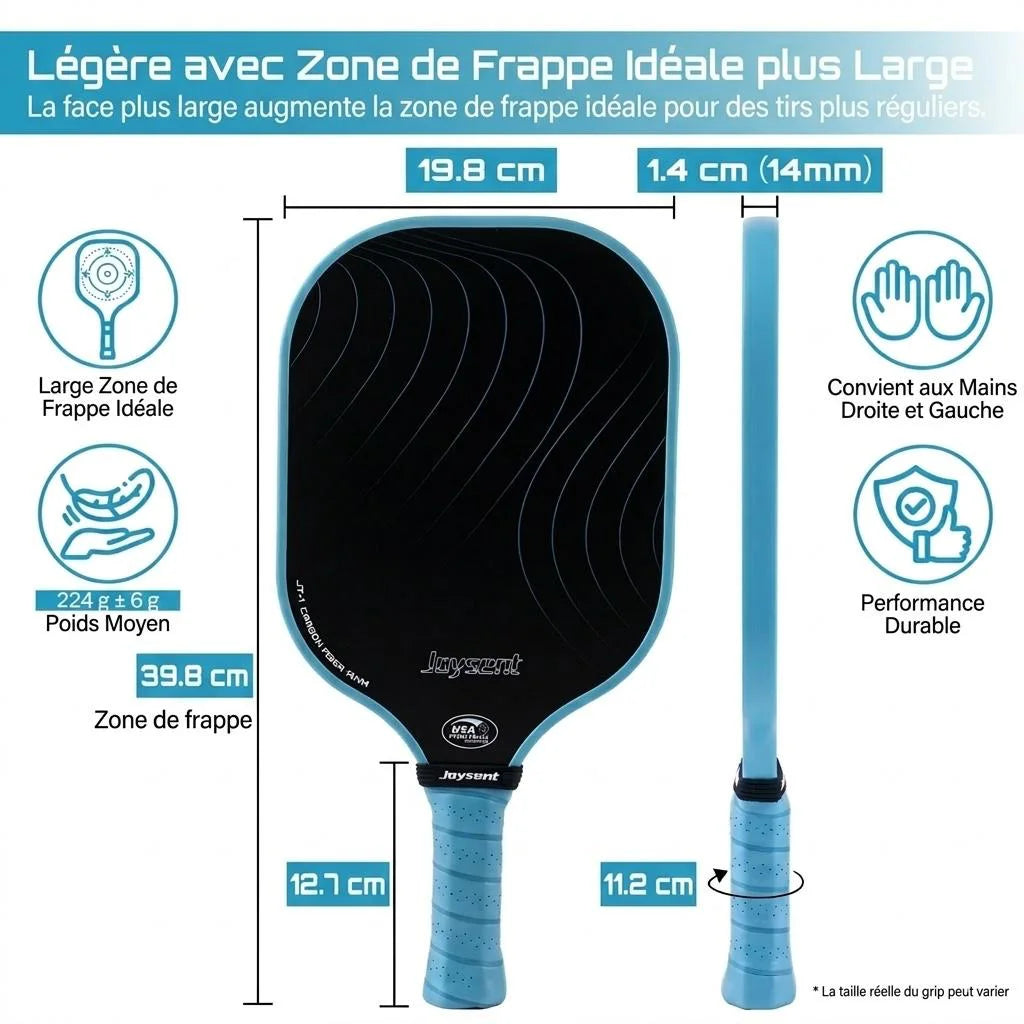 Infographie technique de la raquette Joysent T300 bleue détaillant ses dimensions : face de 19,8 cm par 39,8 cm, épaisseur de 14 mm, poids moyen de 224g et manche de 12,7 cm.