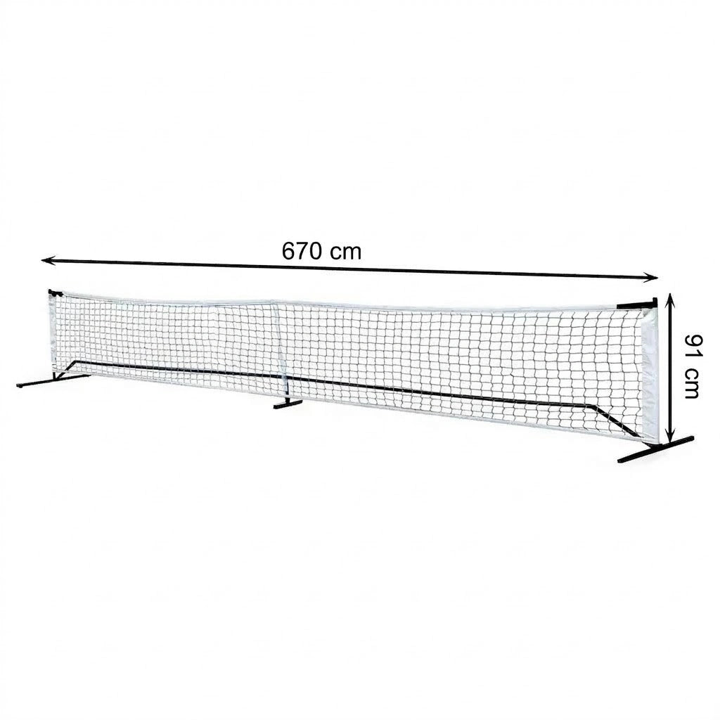 Schéma des dimensions de la toile de filet de pickleball officielle : longueur de 670 cm et hauteur de 91 cm.