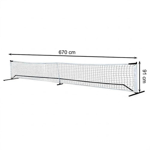 Schéma des dimensions de la toile de filet de pickleball officielle : longueur de 670 cm et hauteur de 91 cm.