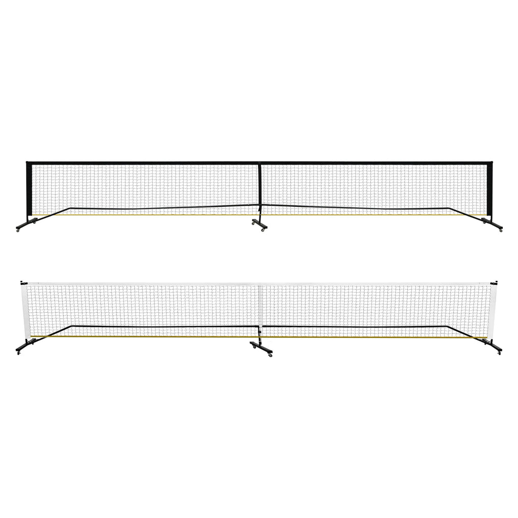 Vue d'ensemble d'un filet de pickleball mobile de 6,70 mètres avec structure autoportante noire et système de roues à freins.