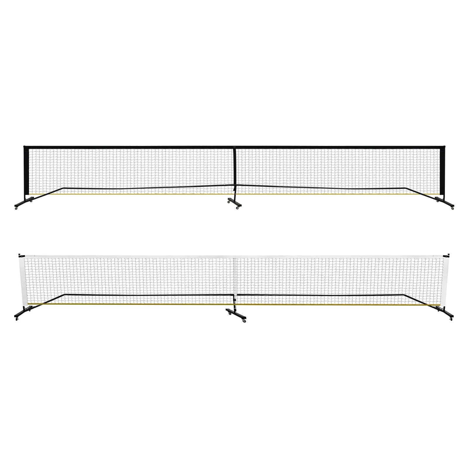 Vue d'ensemble d'un filet de pickleball mobile de 6,70 mètres avec structure autoportante noire et système de roues à freins.
