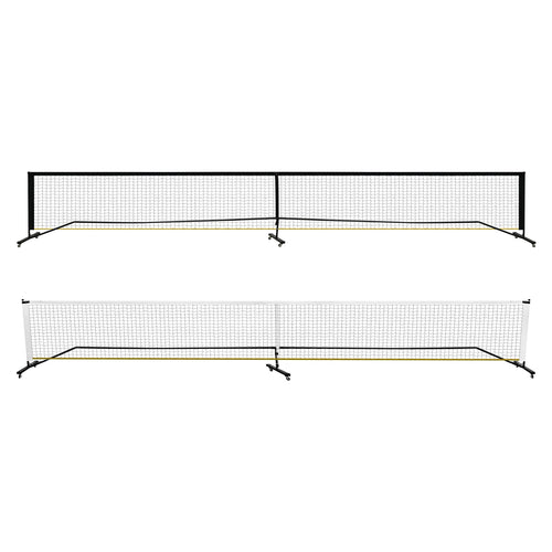 Vue d'ensemble d'un filet de pickleball mobile de 6,70 mètres avec structure autoportante noire et système de roues à freins.