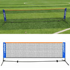 Vue du filet de pickleball portable installé sur un terrain extérieur et schéma de la structure autoportante.