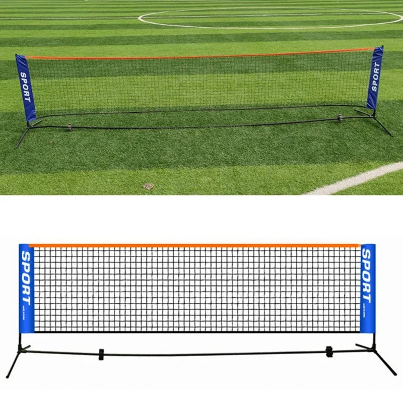 Vue du filet de pickleball portable installé sur un terrain extérieur et schéma de la structure autoportante.