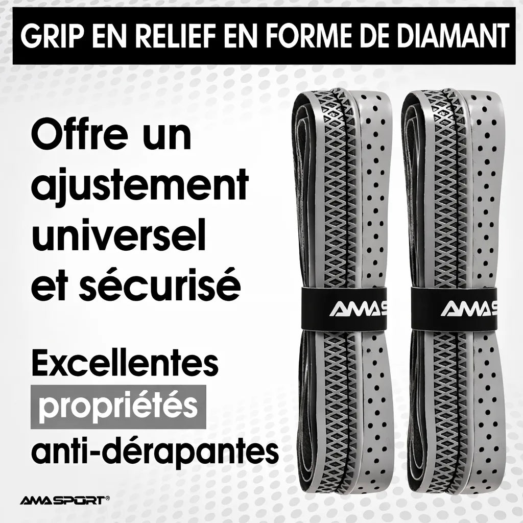 Infographie montrant deux grips de pickleball AMA SPORT gris : grip en relief en forme de diamant, ajustement universel et propriétés anti-dérapantes.