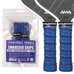 Pack de deux grips de remplacement bleus foncés AMA SPORT pour raquette de pickleball, texture embossée diamant et perforations respirantes.