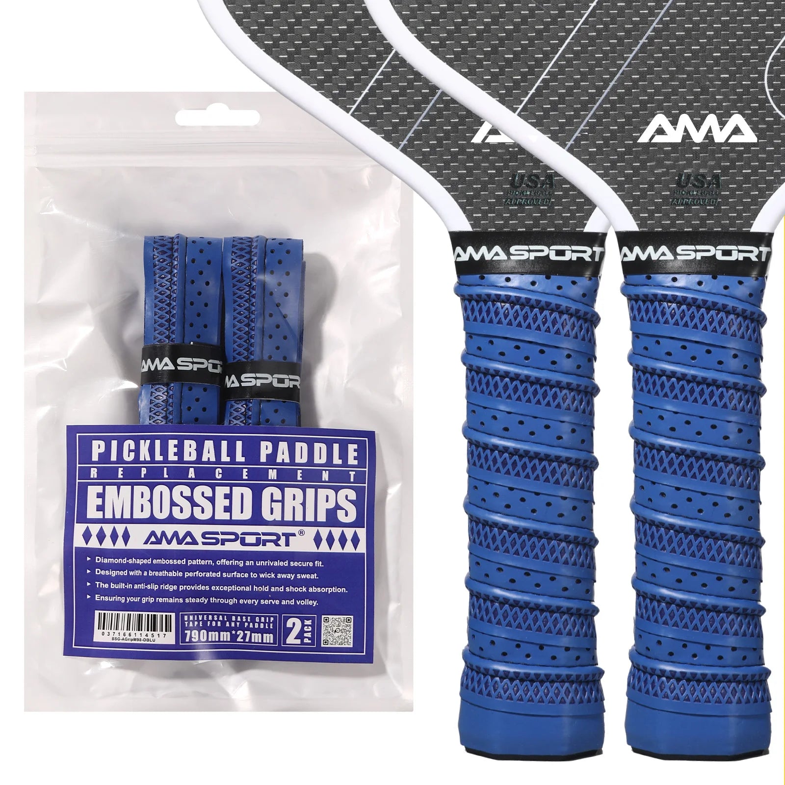 Pack de deux grips de remplacement bleus foncés AMA SPORT pour raquette de pickleball, texture embossée diamant et perforations respirantes.