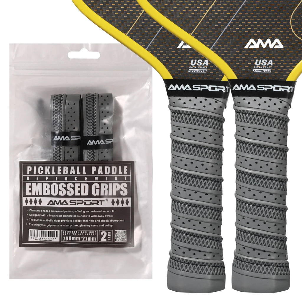 Pack de deux grips de rechange gris pour raquette de pickleball, texture embossée à motif diamant et perforations pour l'adhérence.