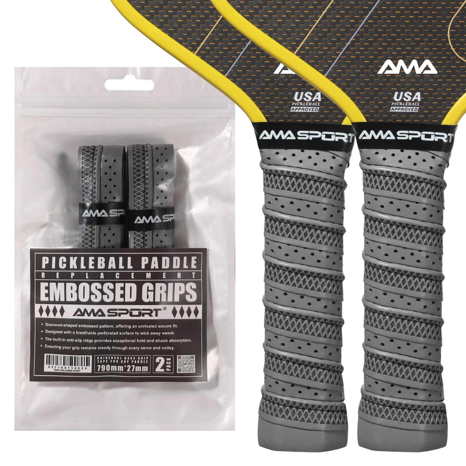Pack de deux grips de rechange gris pour raquette de pickleball, texture embossée à motif diamant et perforations pour l'adhérence.