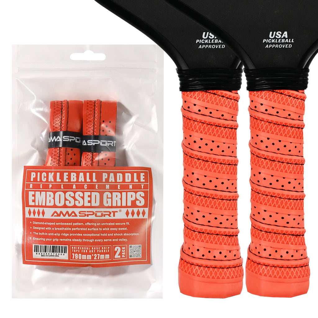 Pack de deux grips de remplacement orange AMA SPORT pour raquette de pickleball, texture diamant en relief et micro-perforations.