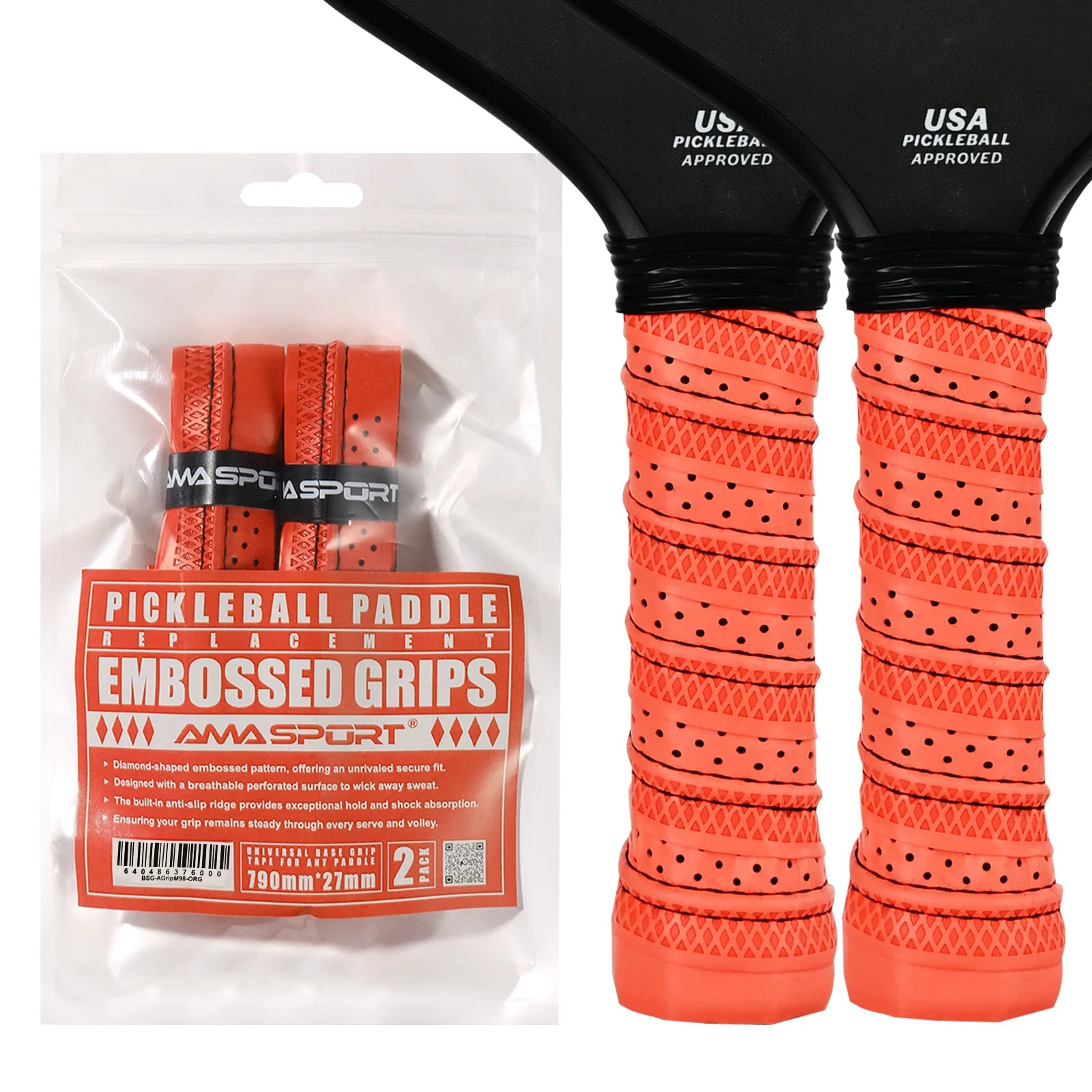 Pack de deux grips de remplacement orange AMA SPORT pour raquette de pickleball, texture diamant en relief et micro-perforations.
