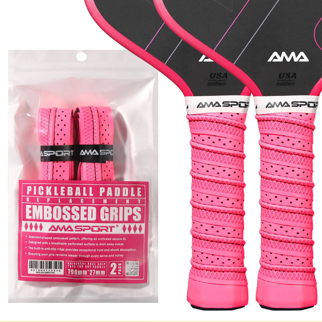 Pack de deux grips de remplacement roses AMA SPORT pour raquette de pickleball avec texture diamant et micro-perforations.