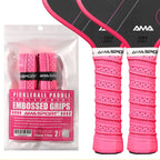 Pack de deux grips de remplacement roses AMA SPORT pour raquette de pickleball avec texture diamant et micro-perforations.