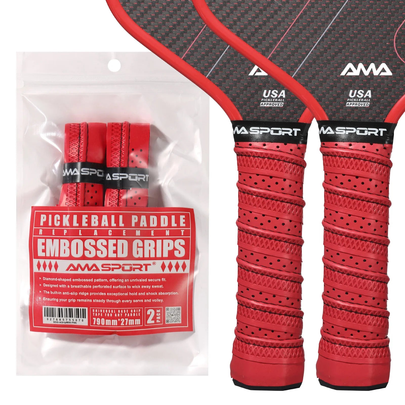 Pack de deux grips de remplacement rouges AMA SPORT pour raquette de pickleball, avec texture diamant et perforations respirantes.