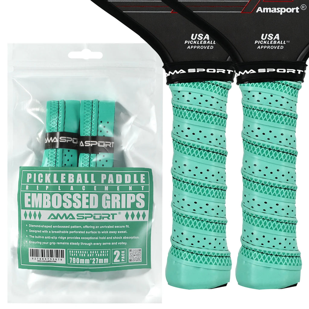 Pack de deux grips de remplacement turquoise AMA SPORT pour raquette de pickleball, avec texture diamant et perforations respirantes.
