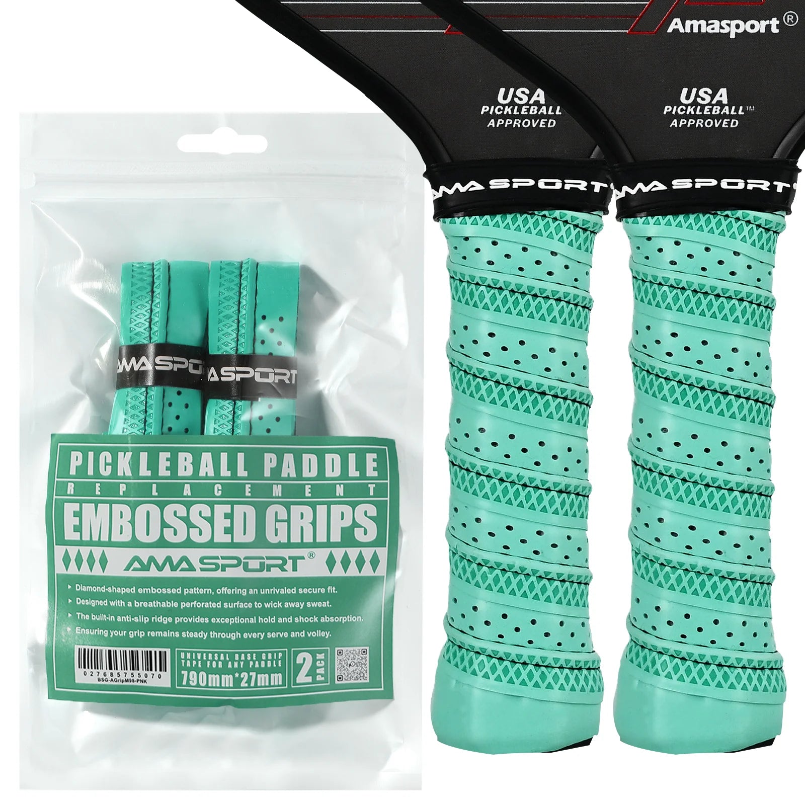 Pack de deux grips de remplacement turquoise AMA SPORT pour raquette de pickleball, avec texture diamant et perforations respirantes.