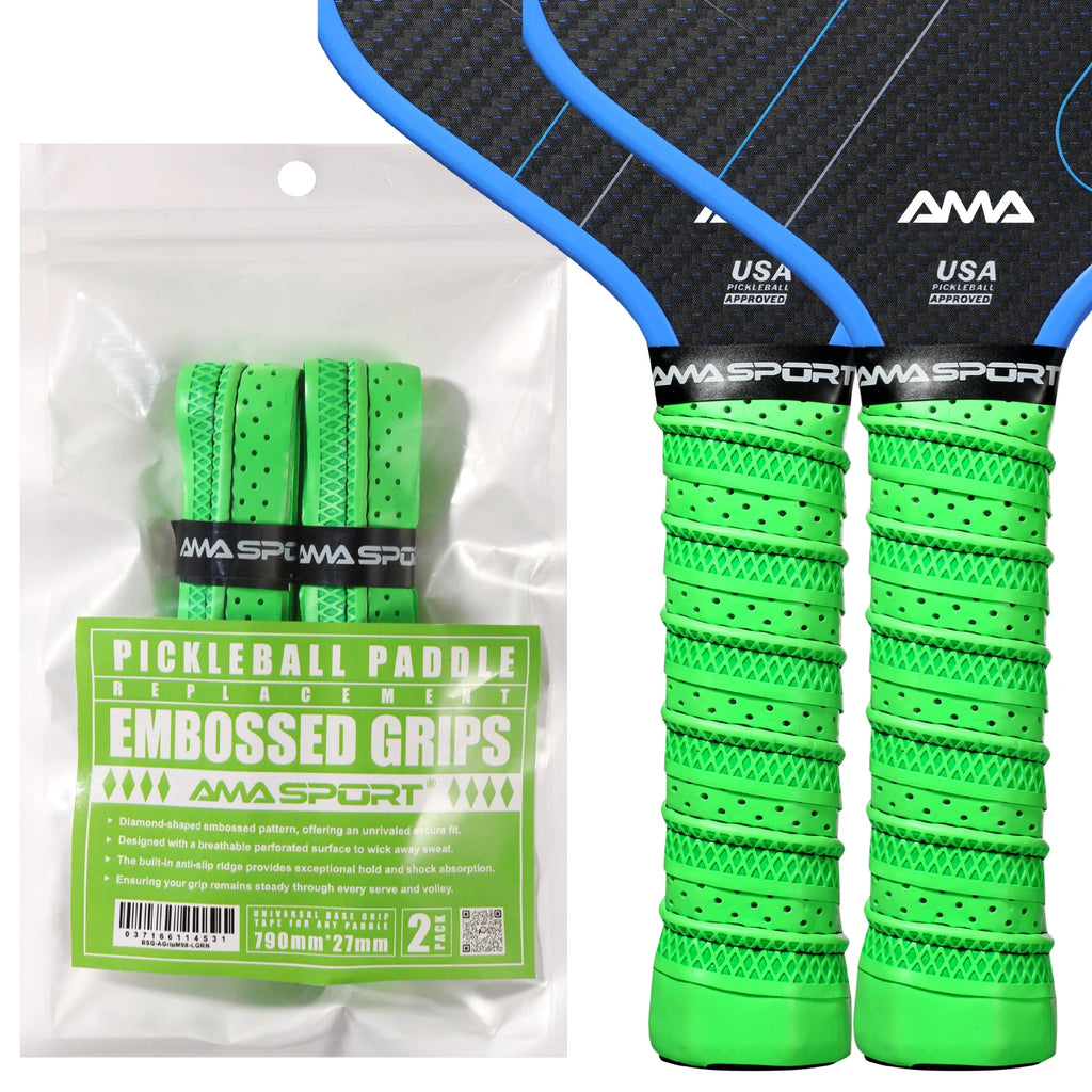 Pack de deux grips de remplacement vert fluo AMA SPORT pour raquette de pickleball, texture diamant en relief et perforations anti-transpiration.