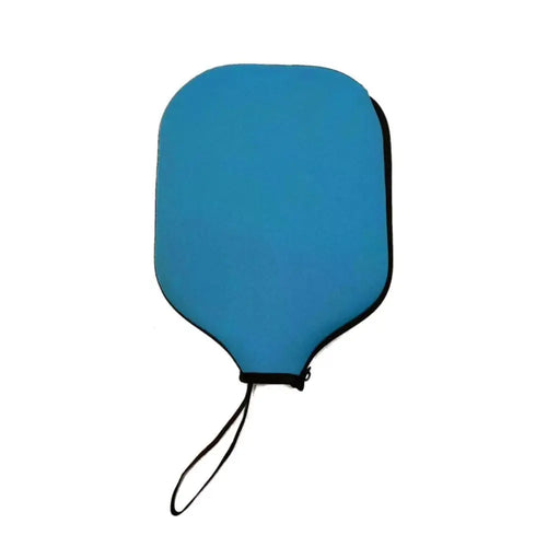 Housse individuelle en néoprène pour raquette de pickleball, couleur bleu clair, avec fermeture éclair noire et dragonne de transport.