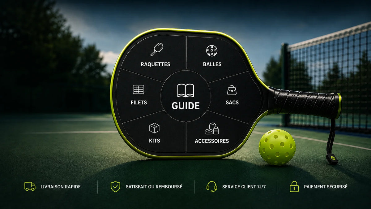 une raquette avec les différentes collections et une balle à côté sur un terrain de pickleball en fond