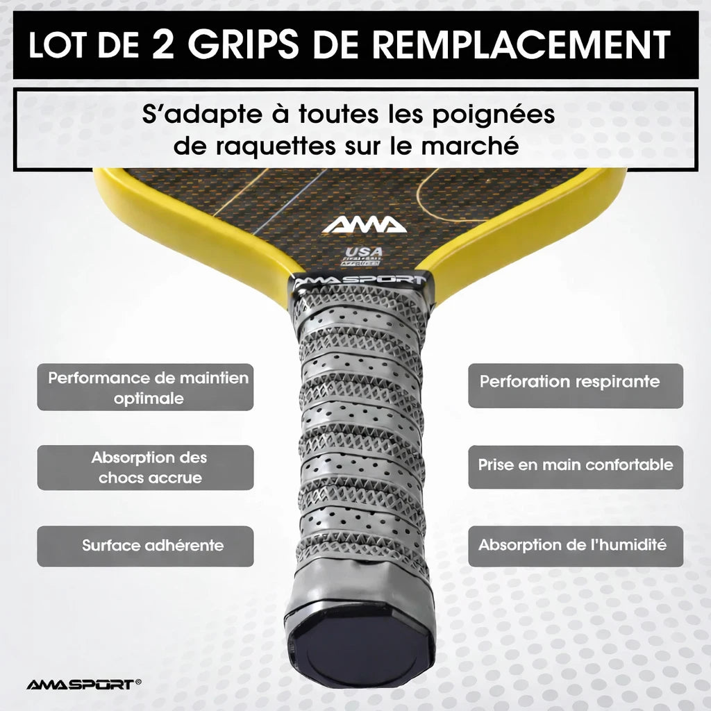 Infographie présentant le lot de 2 grips de remplacement AMA SPORT : absorption des chocs, surface adhérente, perforation respirante et adaptation à toutes les poignées.