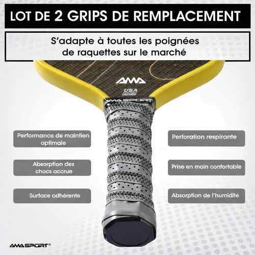 Infographie présentant le lot de 2 grips de remplacement AMA SPORT : absorption des chocs, surface adhérente, perforation respirante et adaptation à toutes les poignées.