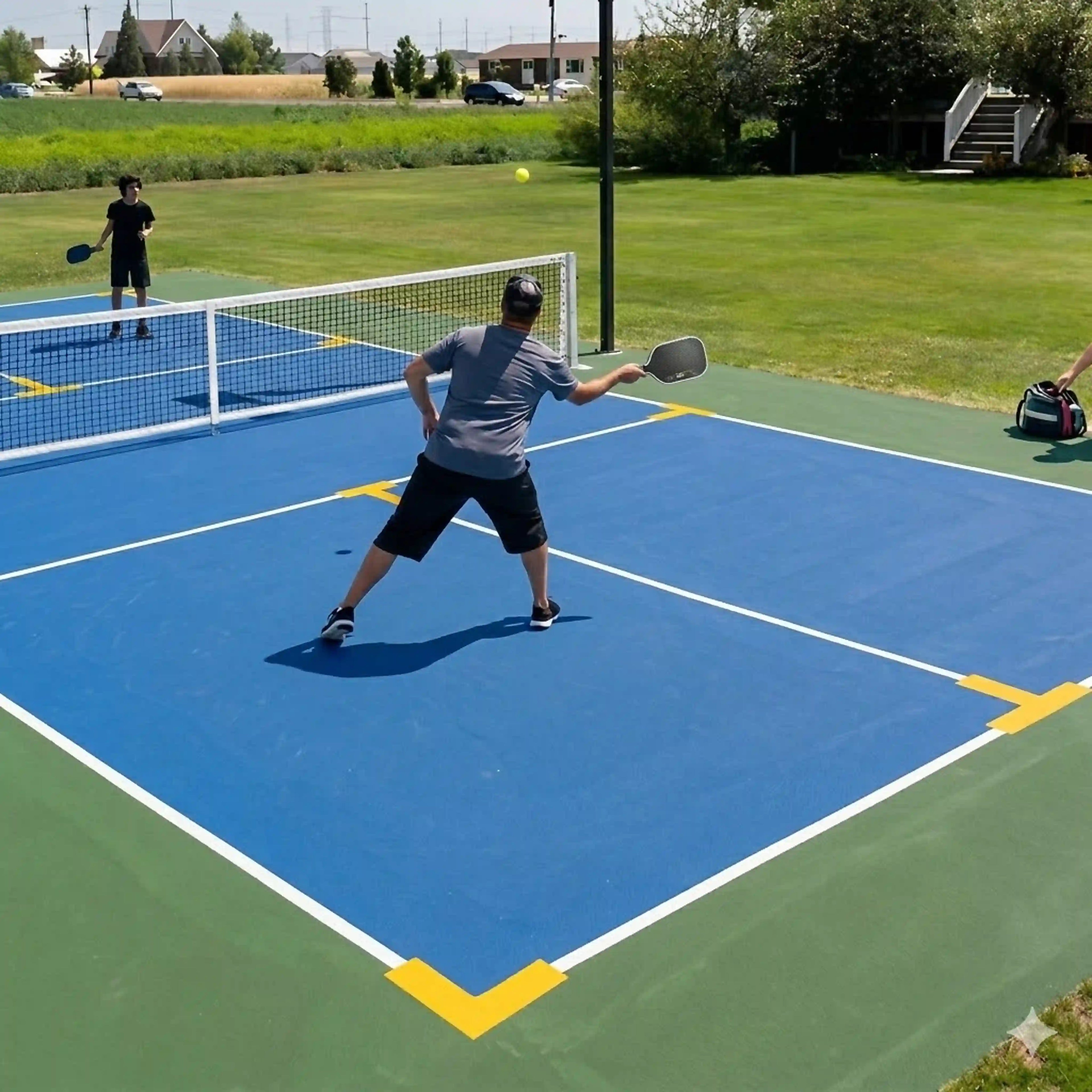 Joueurs de pickleball sur un terrain bleu délimité par des marqueurs de sol jaunes en silicone sur une surface extérieure.