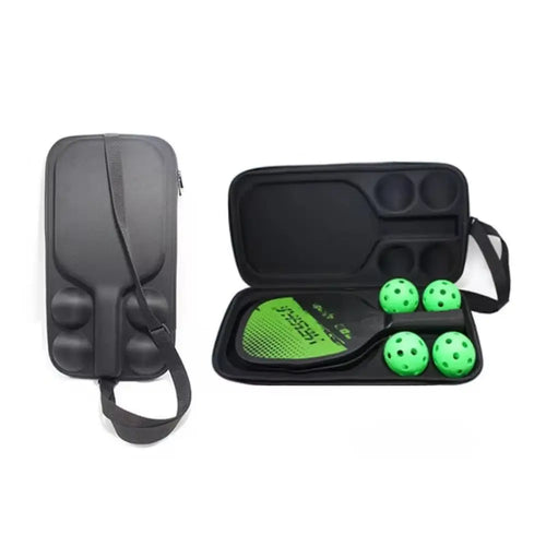 Vue double du sac de pickleball : à gauche le sac fermé avec bandoulière, à droite le sac ouvert contenant une raquette et quatre balles de couleur vert fluo.