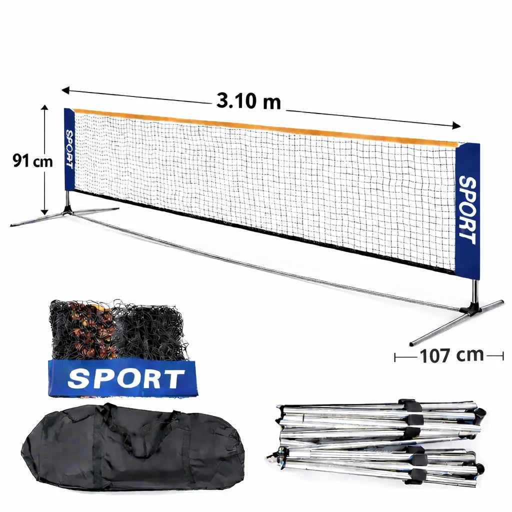 Kit complet de pickleball portable incluant le filet de 3,10 m, la structure en acier pliable, le sac de transport et les dimensions détaillées.