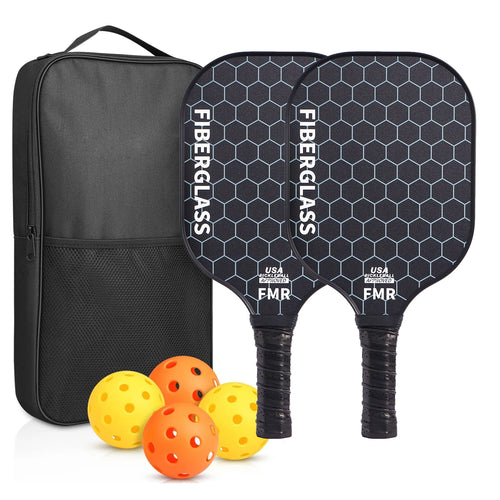 Kit duo pickleball débutant : 2 raquettes en fibre de verre, 4 balles et un sac de transport.