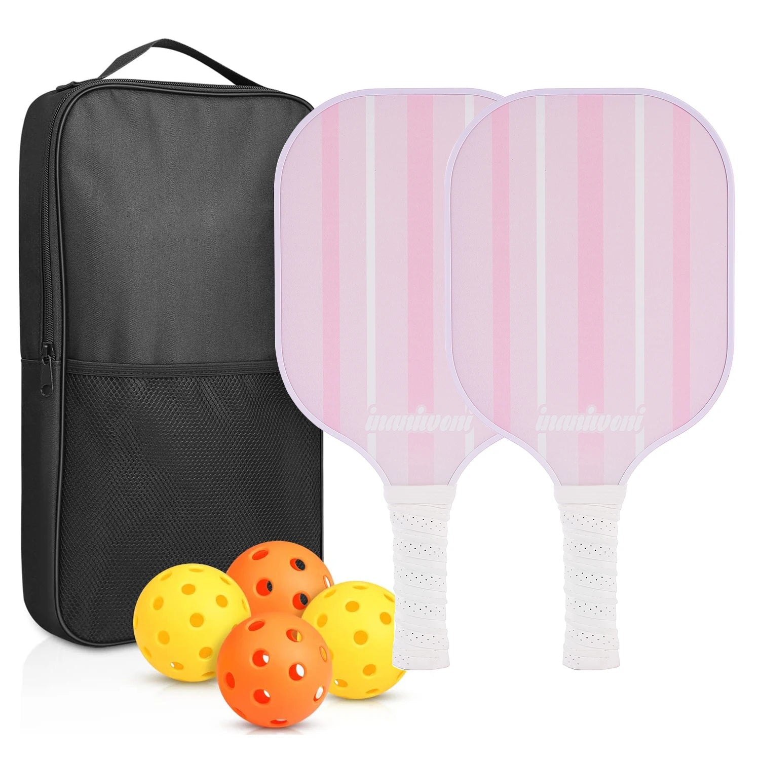 Kit duo pickleball débutant, vue des 2 raquettes fibre de verre incluses, homologuées USAPA.