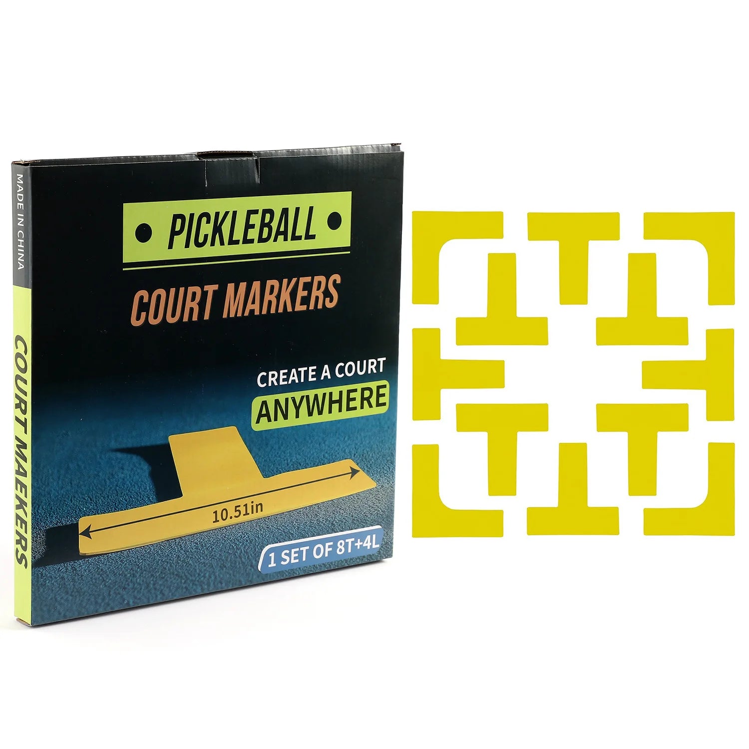 Kit de marquage pour terrain de pickleball composé de 12 repères en silicone jaune (8 en T et 4 en L) avec sa boîte d'emballage.