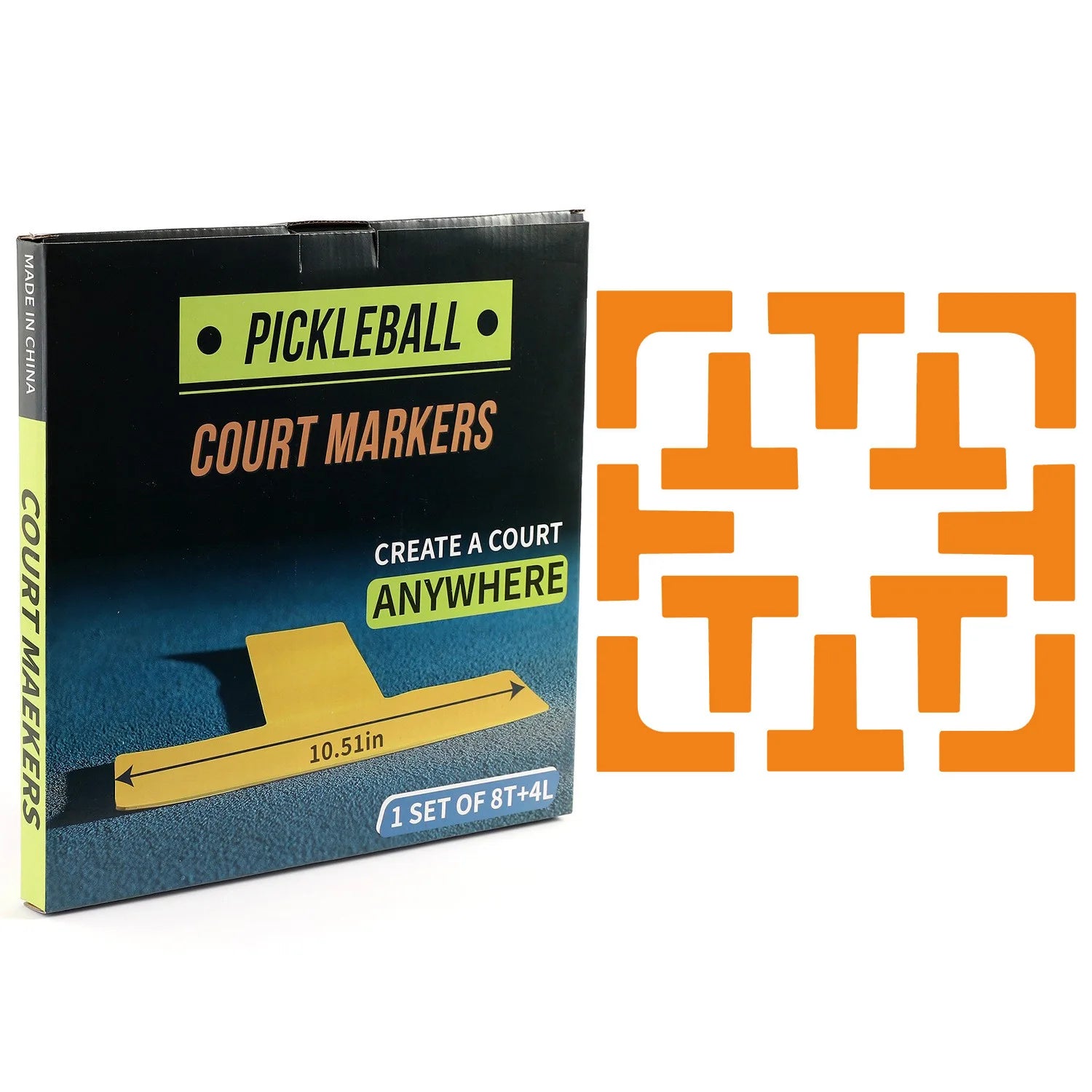 * Marqueurs de terrain de pickleball en silicone orange avec boîte d'emballage, incluant 8 repères en T et 4 repères en L.