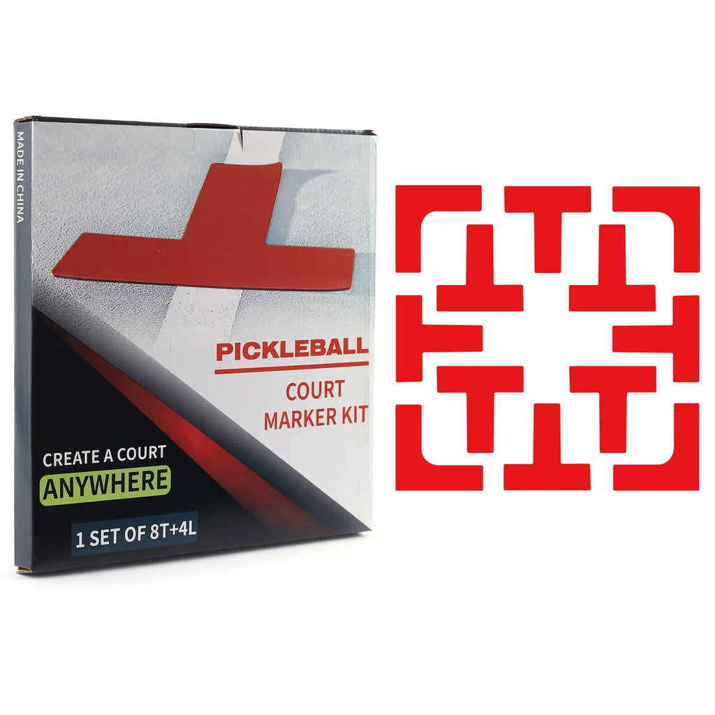 Kit de marquage de terrain de pickleball rouge comprenant 12 repères en silicone et une boîte de rangement.