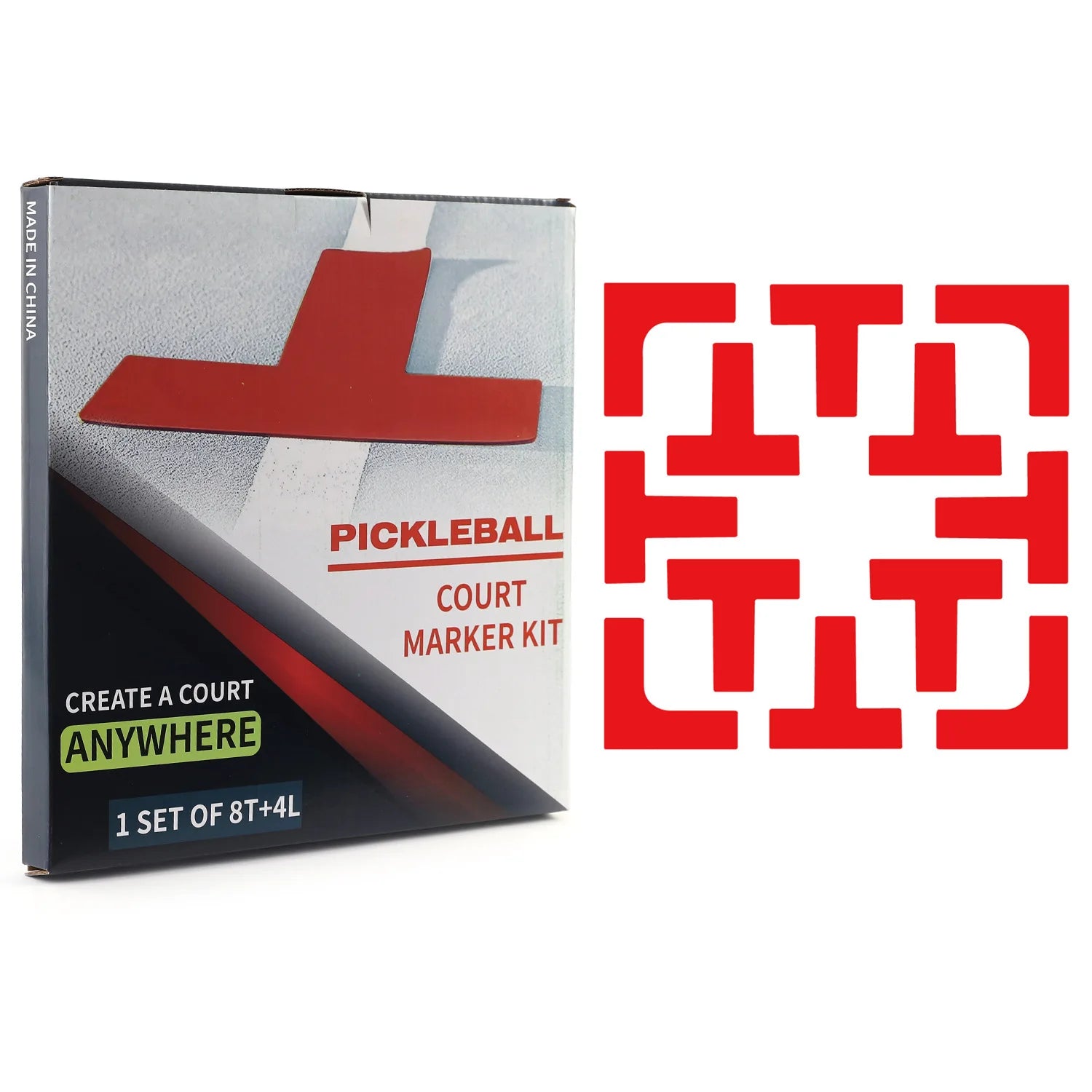 Kit de marquage de terrain de pickleball rouge comprenant 12 repères en silicone et une boîte de rangement.