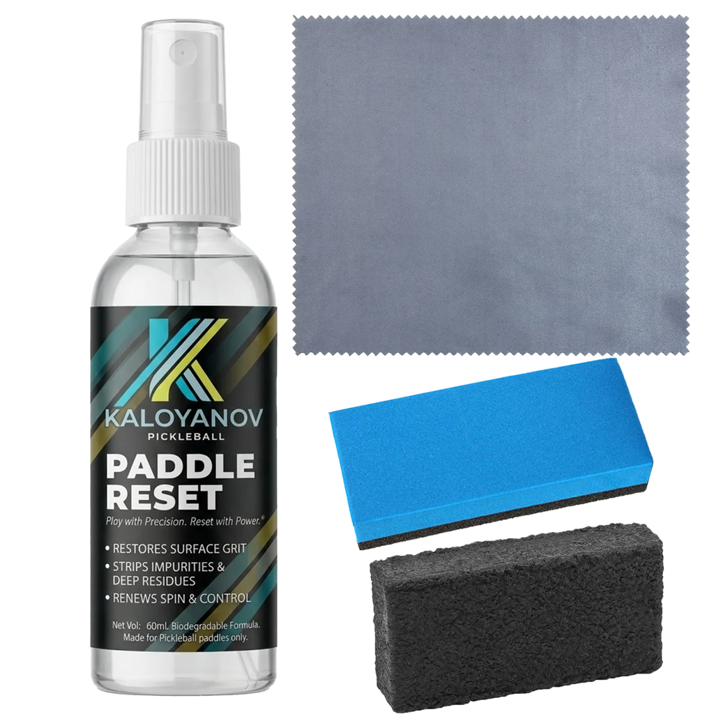 Kit de nettoyage pour raquette de pickleball en fibre de carbone : spray, microfibre et gomme.