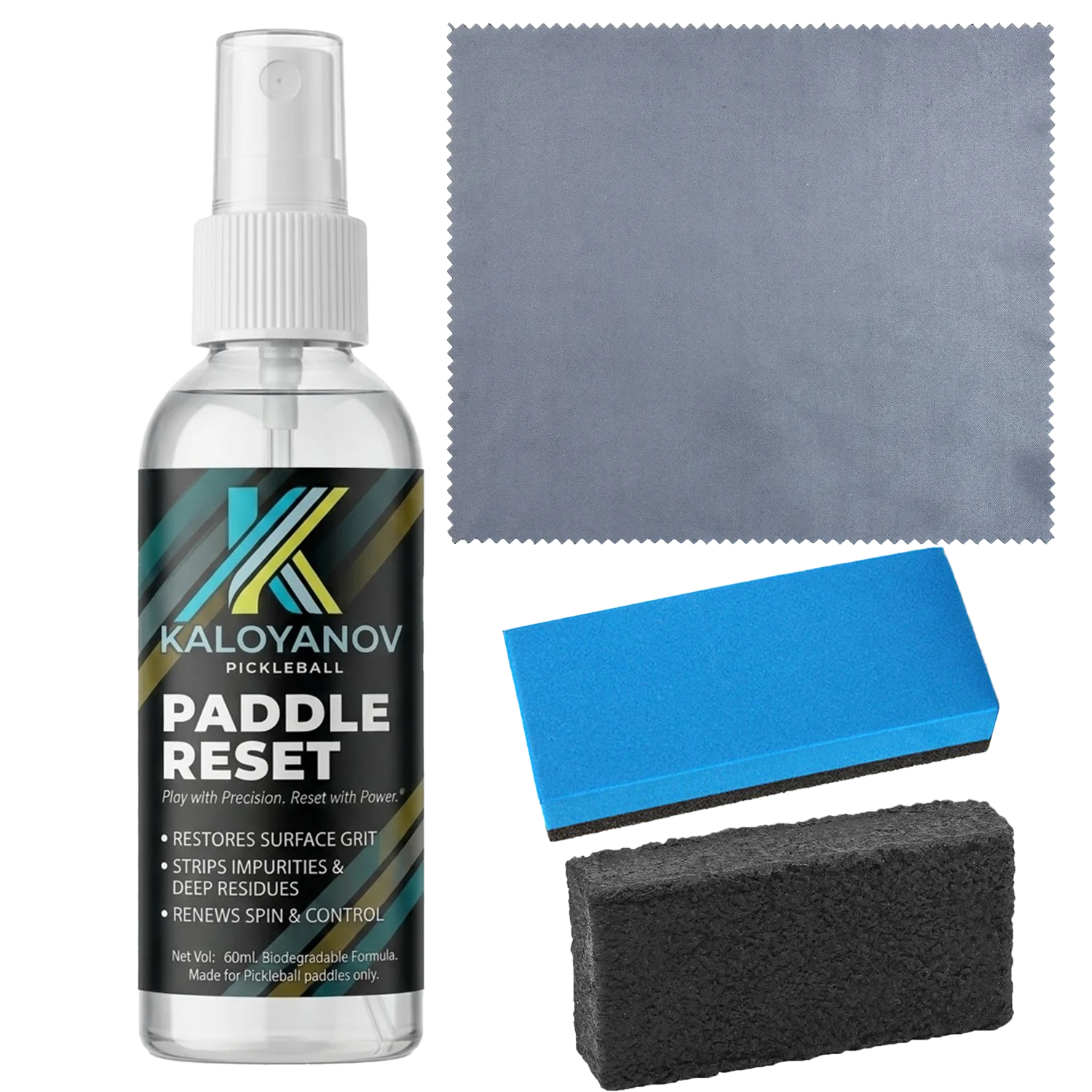 Kit de nettoyage pour raquette de pickleball en fibre de carbone : spray, microfibre et gomme.