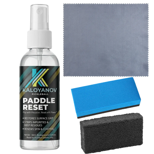 Kit de nettoyage pour raquette de pickleball en fibre de carbone : spray, microfibre et gomme.