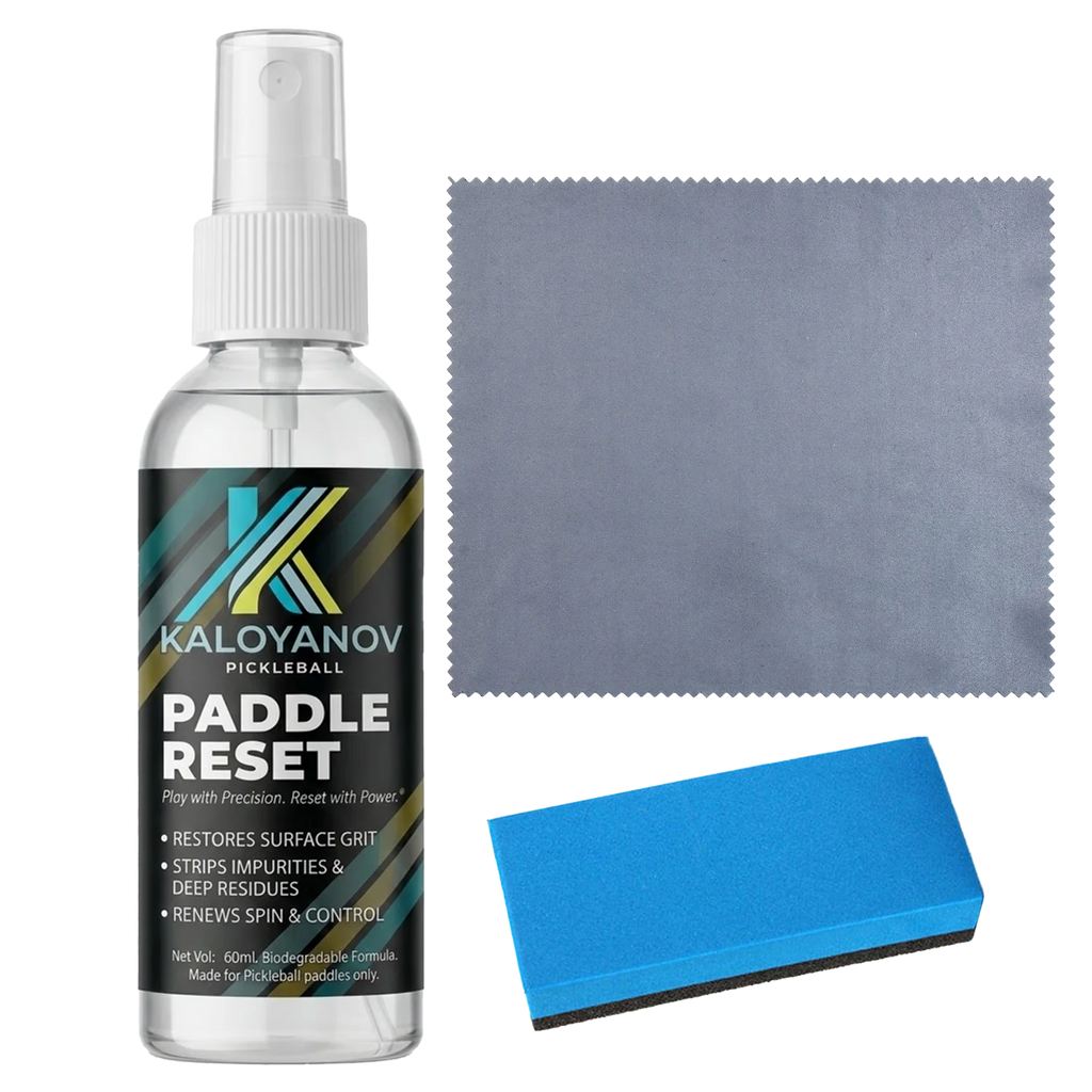 Gomme de nettoyage et spray du kit d'entretien pour raquette de pickleball en carbone.