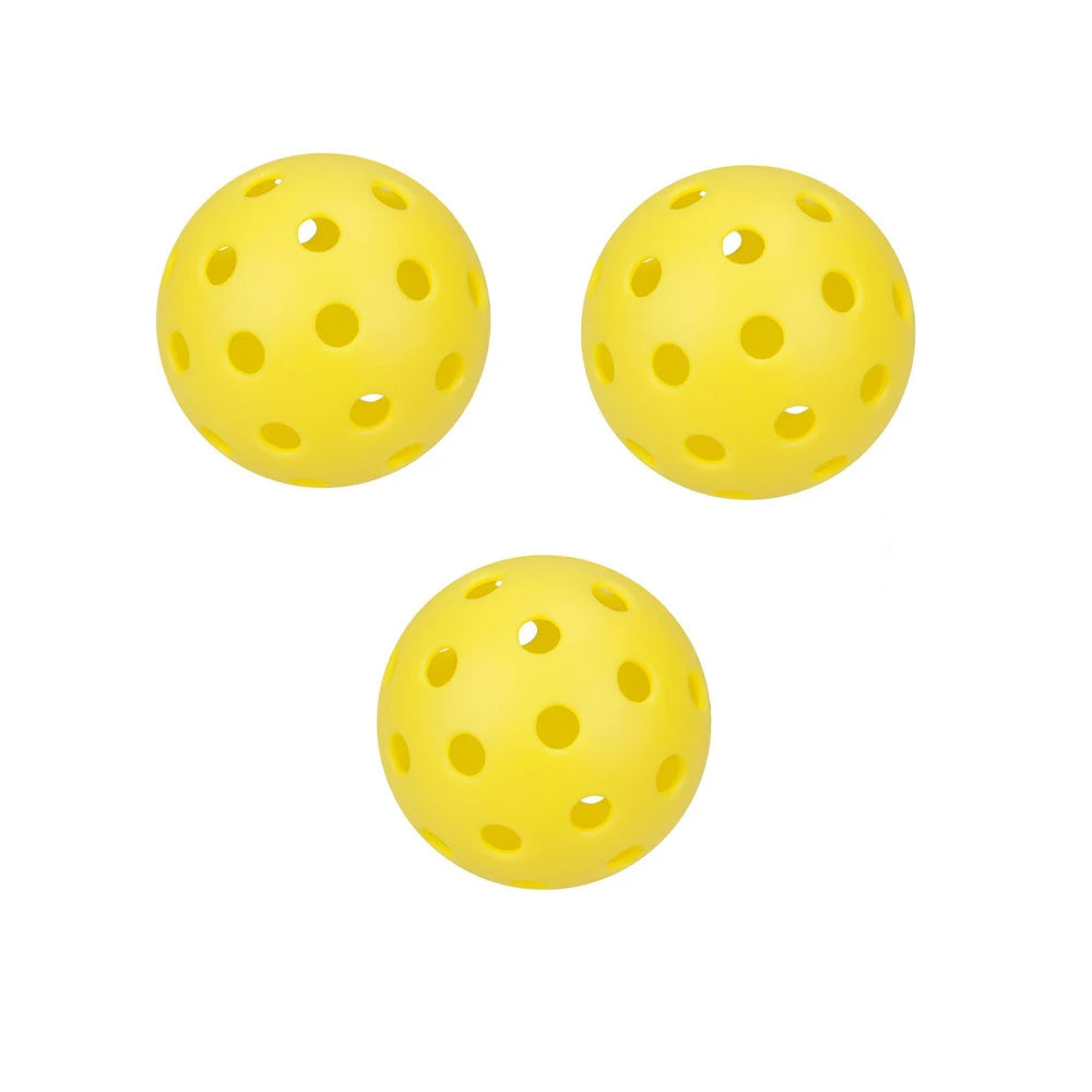 Lot de 3 balles de pickleball indoor jaune à 26 trous, diamètre 72 mm, conçues pour une visibilité maximale et une précision de frappe en salle.