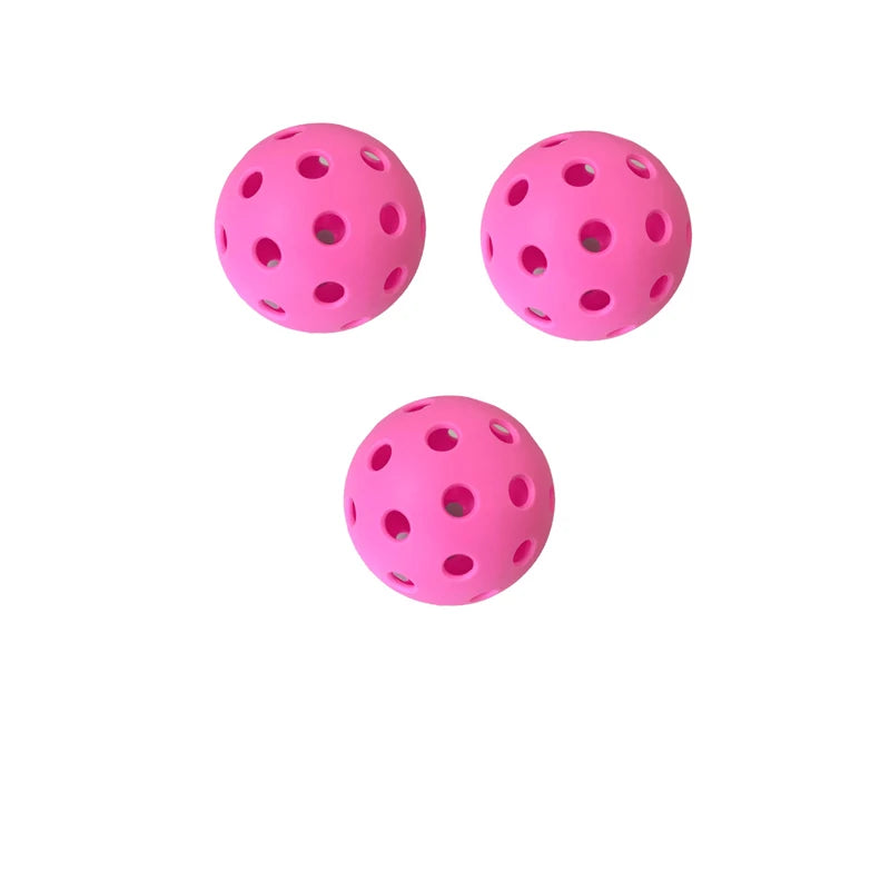 Lot de 3 balles de pickleball indoor coloris rose, diamètre 72 mm avec 26 trous, idéales pour la visibilité et le contrôle lors des entraînements en salle.